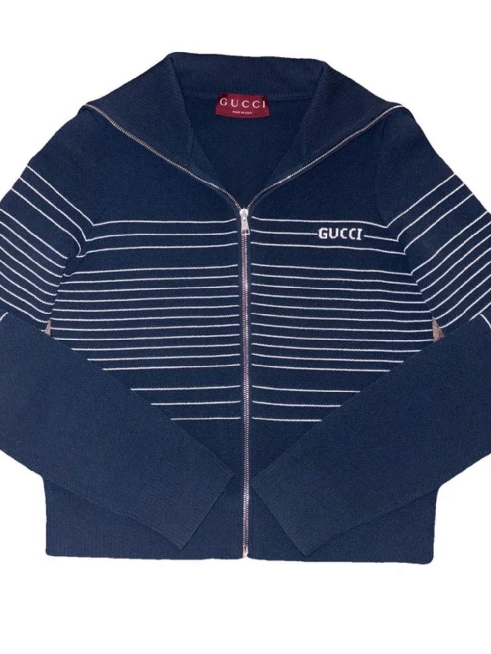 Gucci Navy and White Striped Zip Front Sweater Cardigan
